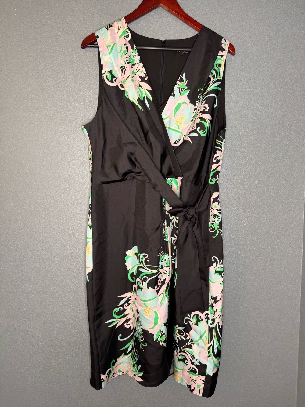 Kobi Halperin 100% Silk Faux Wrap Dress XL Black Floral Tie Waist